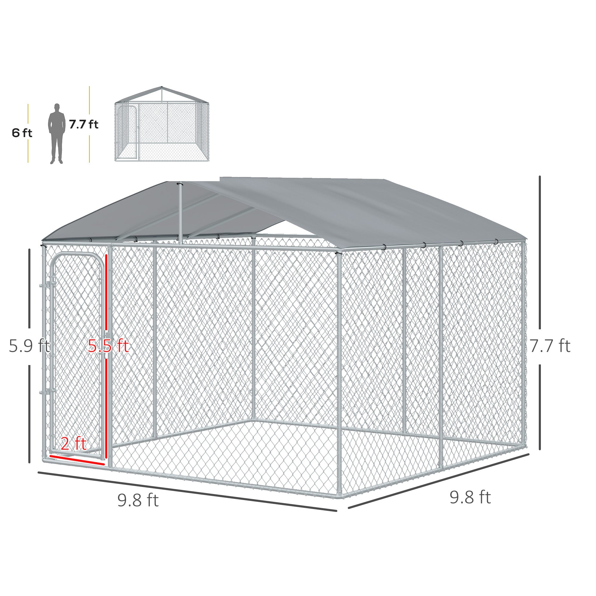 Outdoor Dog Kennel Galvanized Fence with Cover Secure Lock Sidewalls for Backyard 9.8' x 9.8' x 7.7'