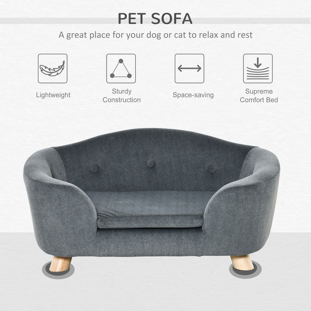 PawHut Dog Sofa Bed Pet Chair Couch With Water Resistant Fabric, Kitten Lounge With Soft Cushion, Wooden Frame For Mini Size Dogs - Grey