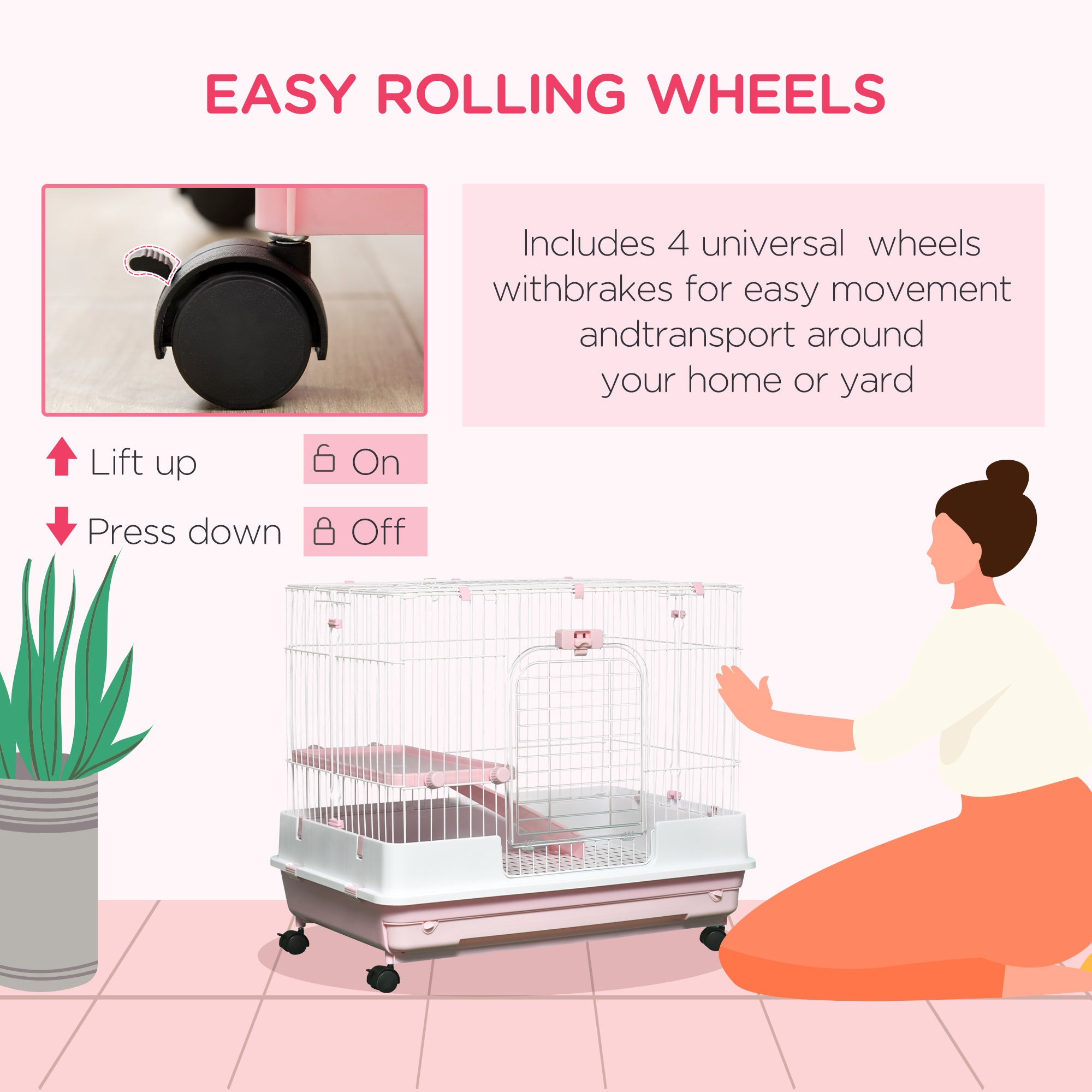 2-Level Small Animal Cage Rabbit Hutch with Wheels, Removable Tray, Platform and Ramp for Bunny, Chinchillas, Ferret, Pink