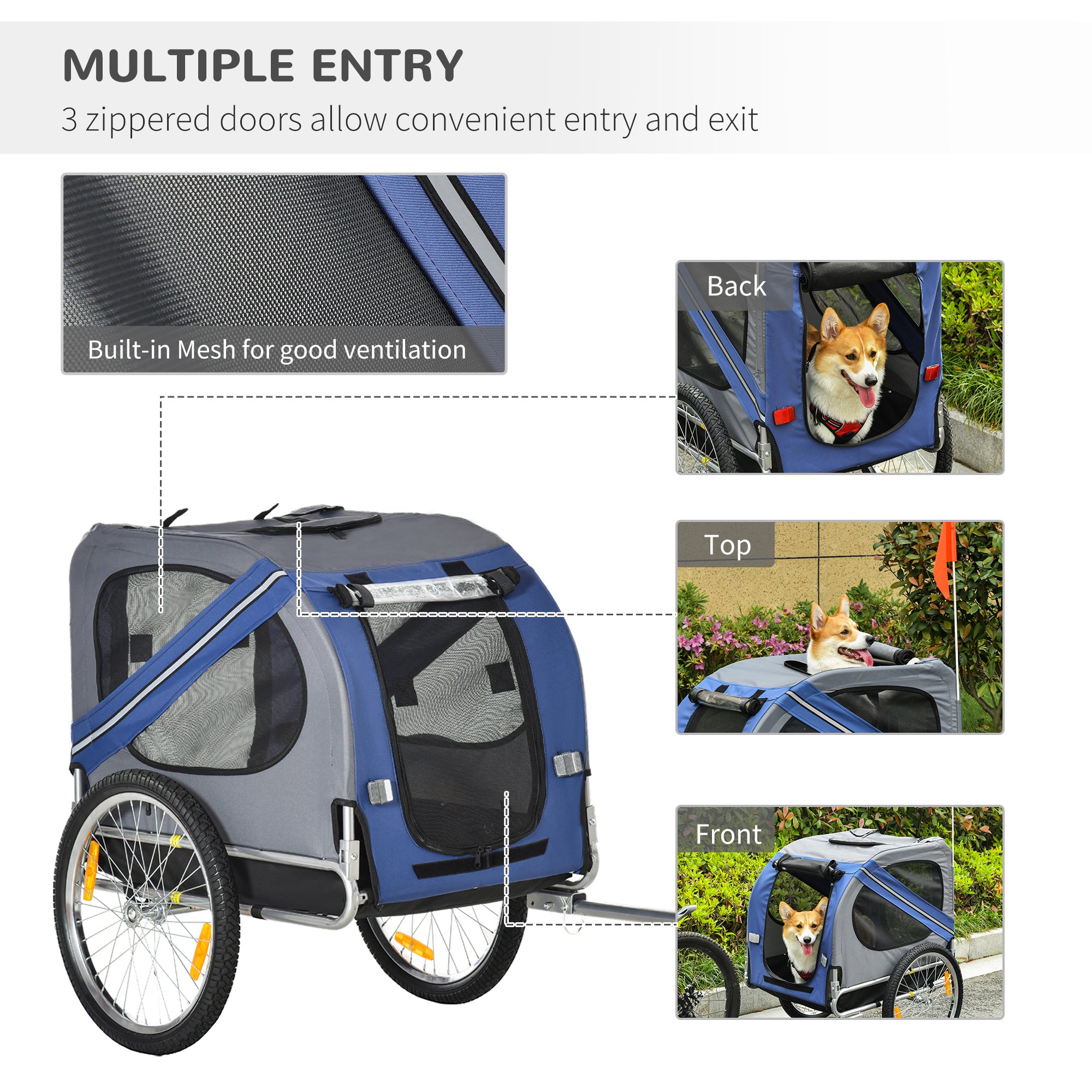 Bike Trailer Cargo Cart for Dogs and Pets with 3 Entrances Large Wheels for Off-Road & Mesh Screen, Blue/Gray