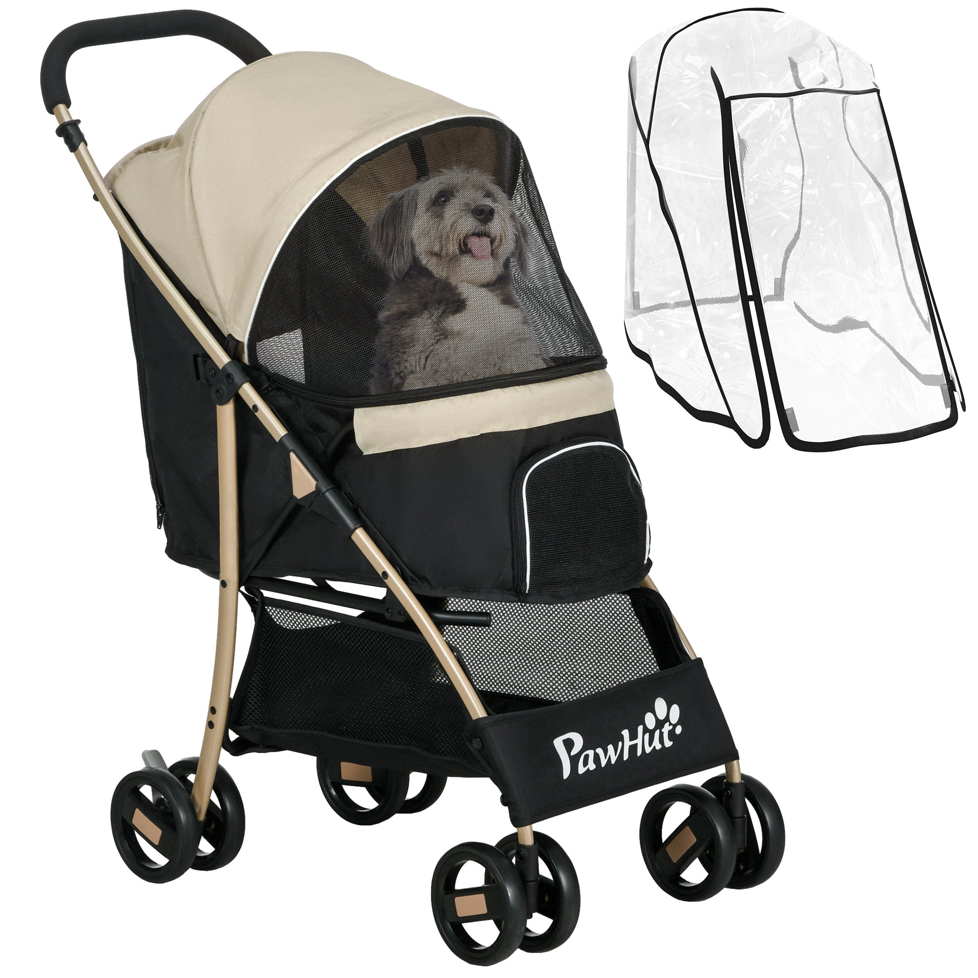 PawHut Pet Stroller For Small And Miniature Dogs, With Rain Cover - Khaki