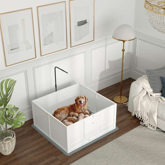 Whelping Box for Puppies with Pee Pad, Pig Rail, Adjustable Door for Small, Medium & Large Breed Dogs Birth, 41