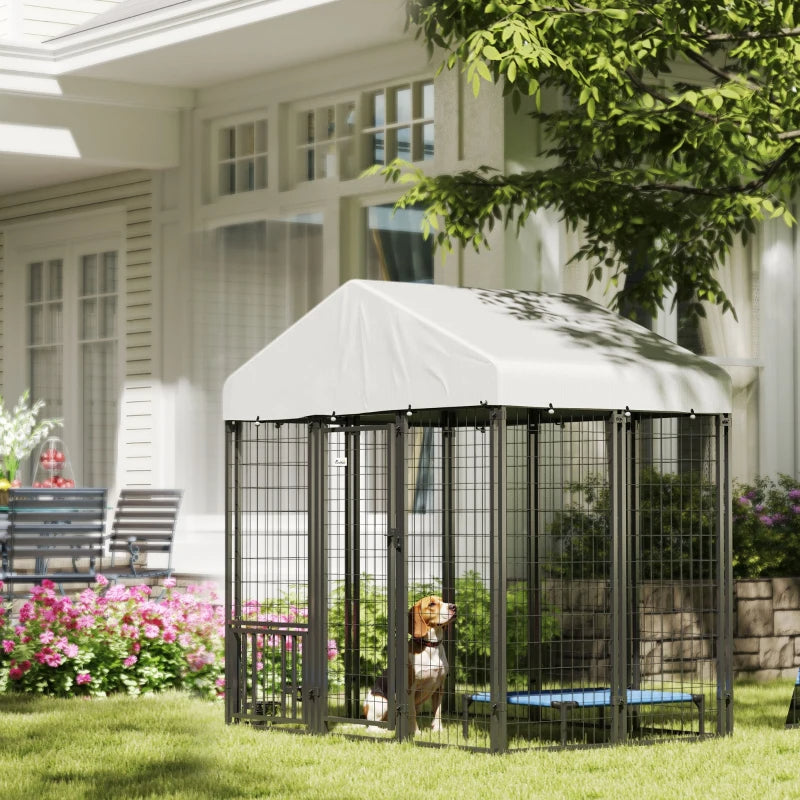Outdoor Dog Kennel With Roof, Rotating & 4-Level Adjustable Bowls