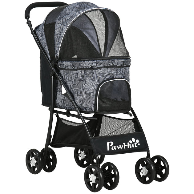 PawHut Foldable Pet Stroller For Dogs, Puppy Stroller, With Large Carriage, Brakes, Canopy - Grey