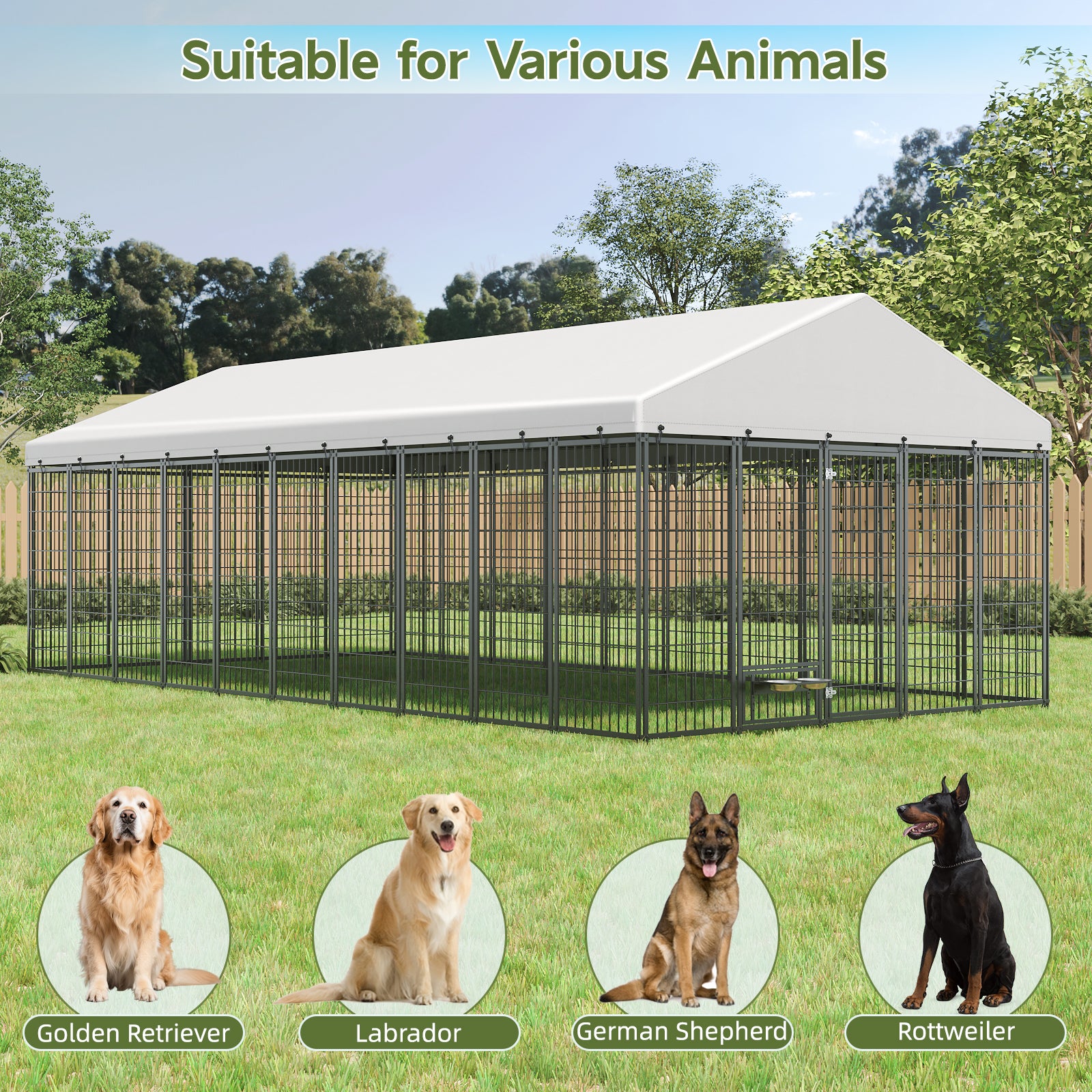 Large Dog Kennel Outdoor Pet Pens Dogs Run Enclosure Animal Hutch Metal Coop Fence With Roof Cover. 18.9  L X 9.61  W X 6.76 H.
