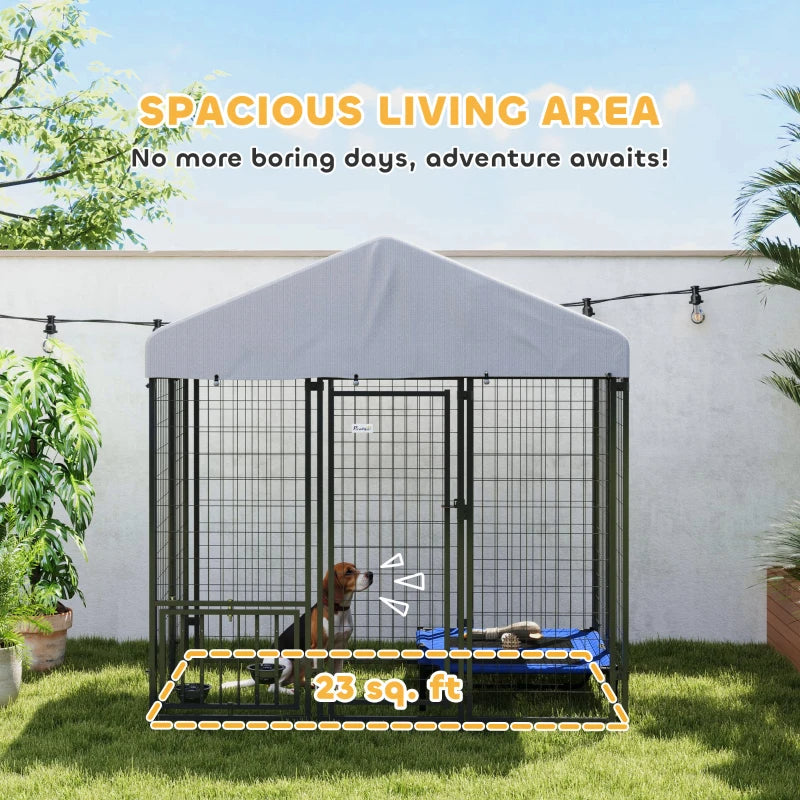 Outdoor Dog Kennel With Roof, Rotating & 4-Level Adjustable Bowls