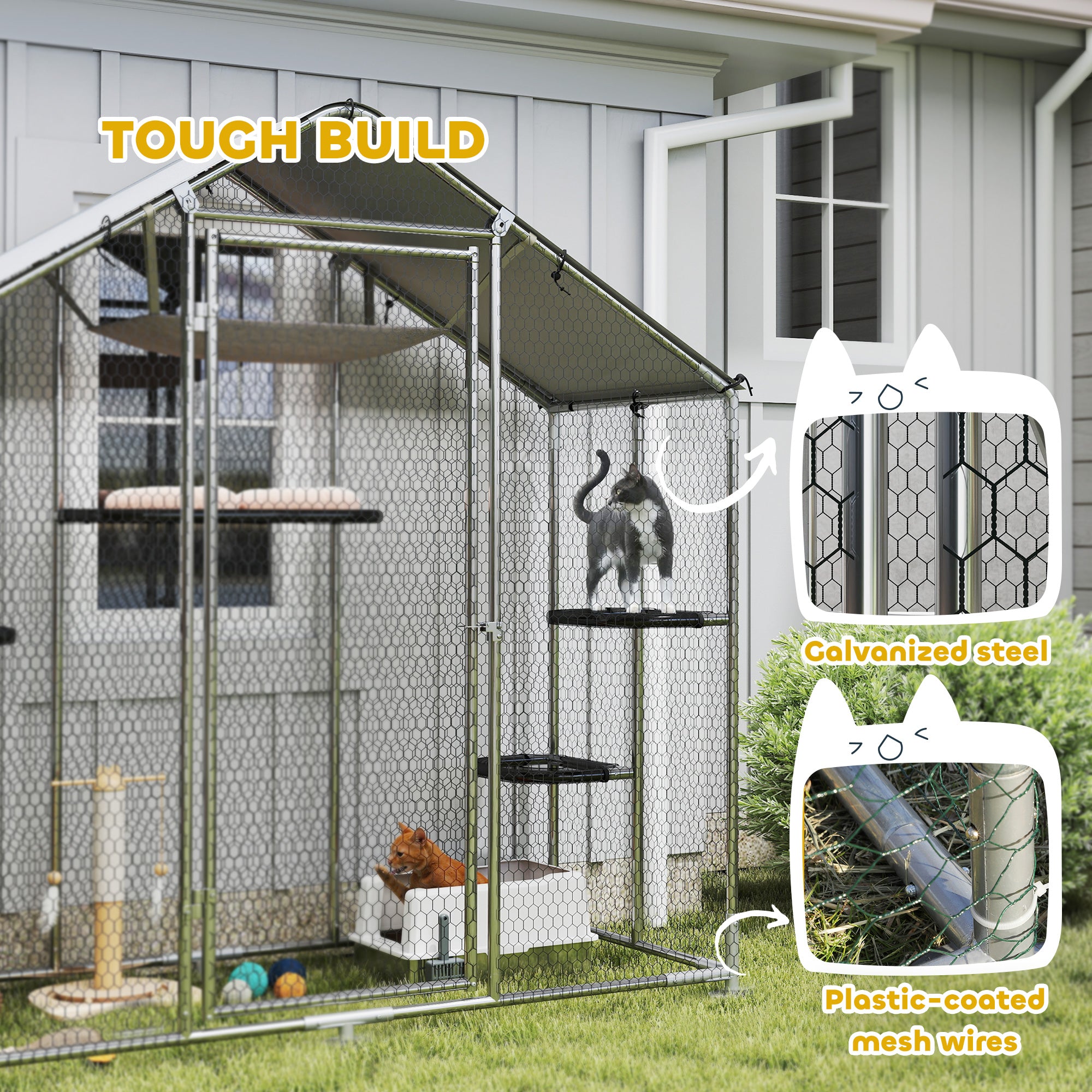 Large Catio Outdoor Cat Enclosure with Waterproof Cover, Walk-in Cat Patio w/ 5 Adjustable Platforms & Hammock