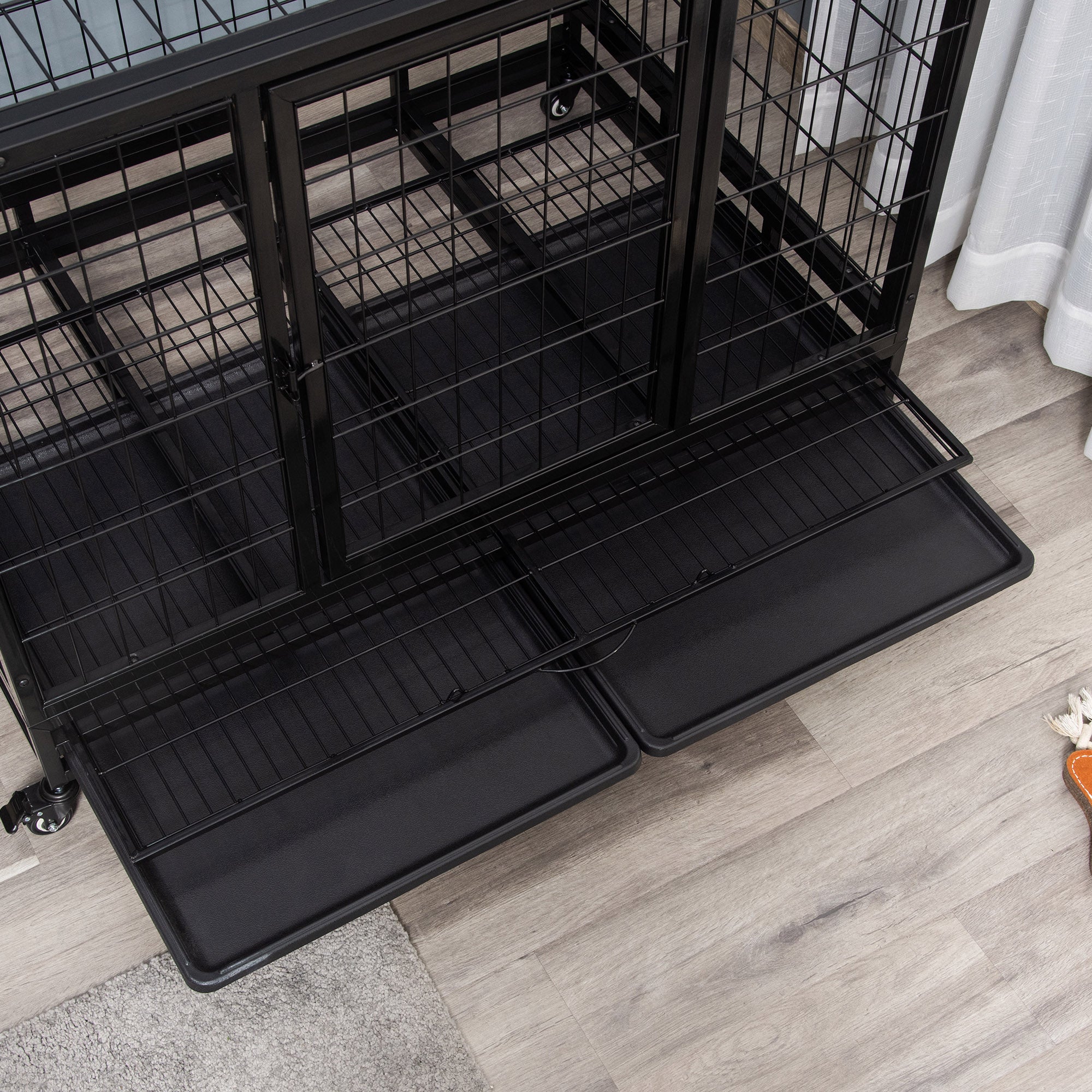 43" Heavy Duty Dog Crate with Removable Tray, Lockable Wheels and Double Door, for Large and Extra Large Dogs, Black