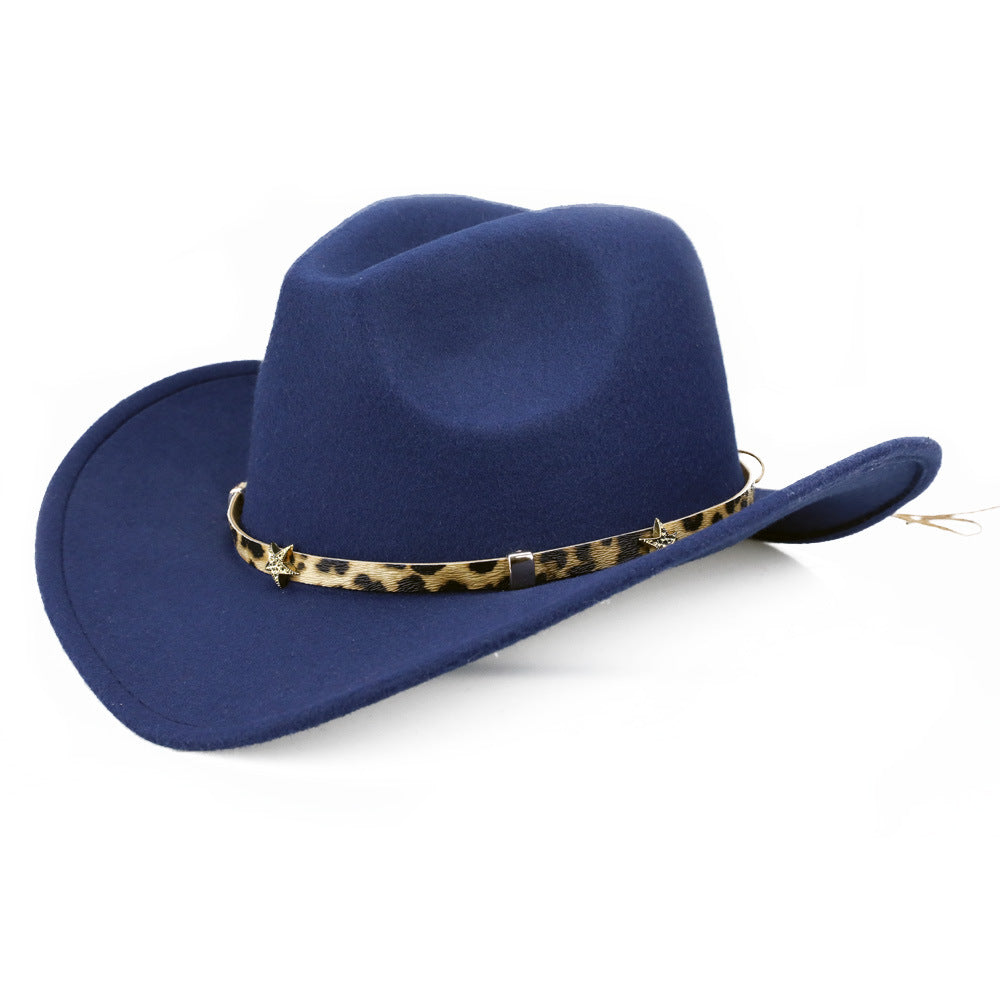 Leopard Print Five-pointed Star Belt Cowboy Hat Men's And Women's Autumn And Winter Woolen Fedora Hat Outdoor Knight Hat Western Cowboy Hat
