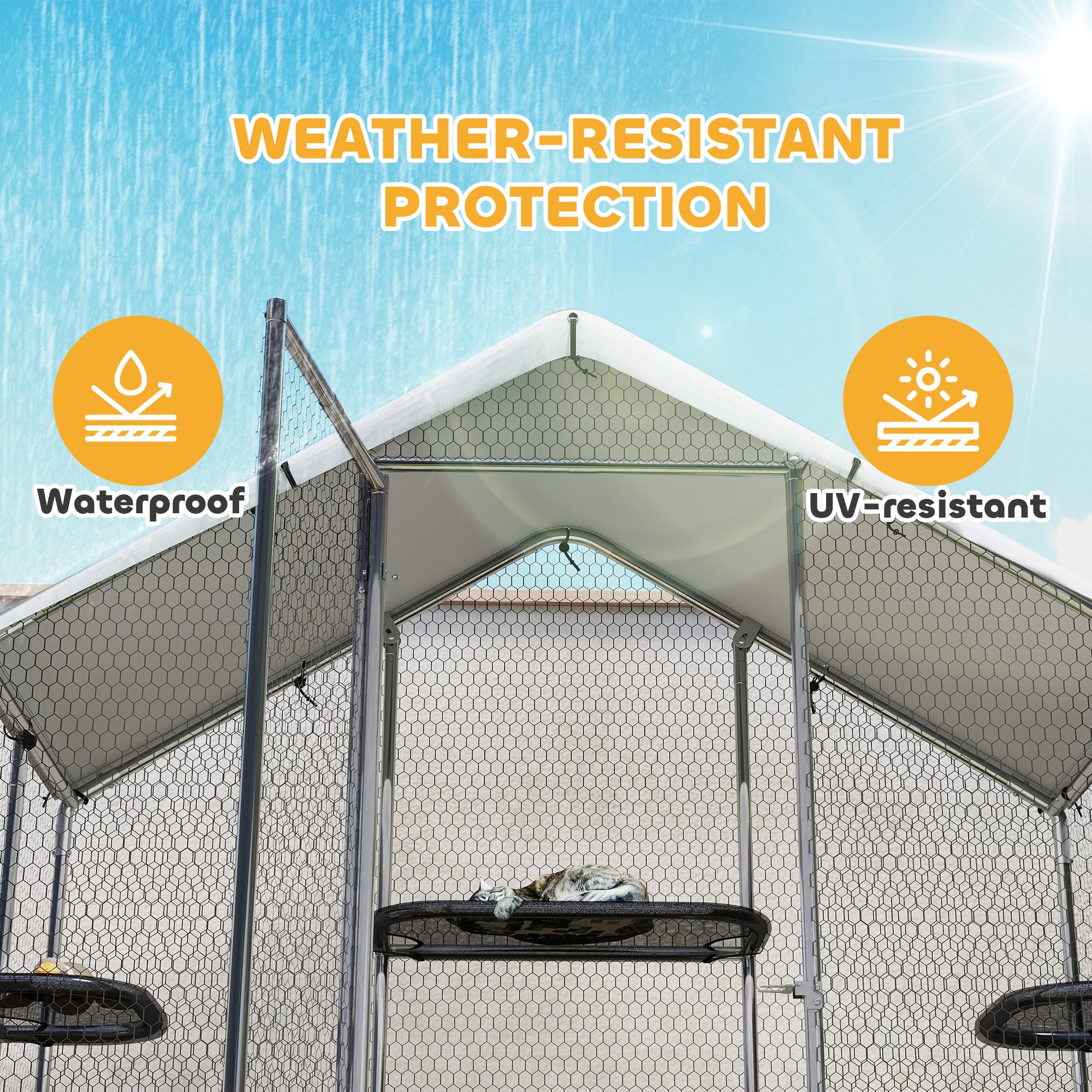 Large Catio Outdoor Cat Enclosure with Waterproof Cover, Walk-in Cat Patio w/ 5 Adjustable Platforms & Hammock