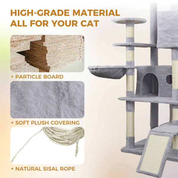 84.6 In Light Gray Cat Tree Tower With Wide Base, 3 Large Hinding Condo, 11 Sisal Scratching Post, Sisal Scratching Ladder, 2 Hammocks, Large Top Platform, Many Landing Perch And Interactive Toy