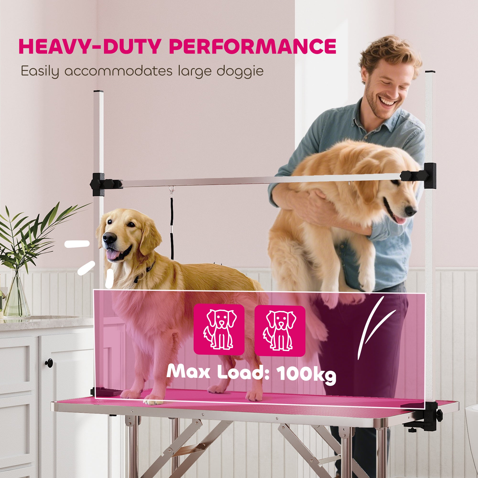 PawHut 42 Dog Grooming Table, Adjustable Pet Cat Drying Beauty Table With 2 Loops Storage Basket, Rubber Top, Pink