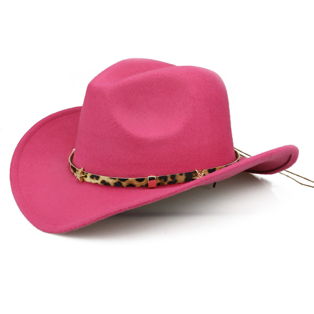 Leopard Print Five-pointed Star Belt Cowboy Hat Men's And Women's Autumn And Winter Woolen Fedora Hat Outdoor Knight Hat Western Cowboy Hat