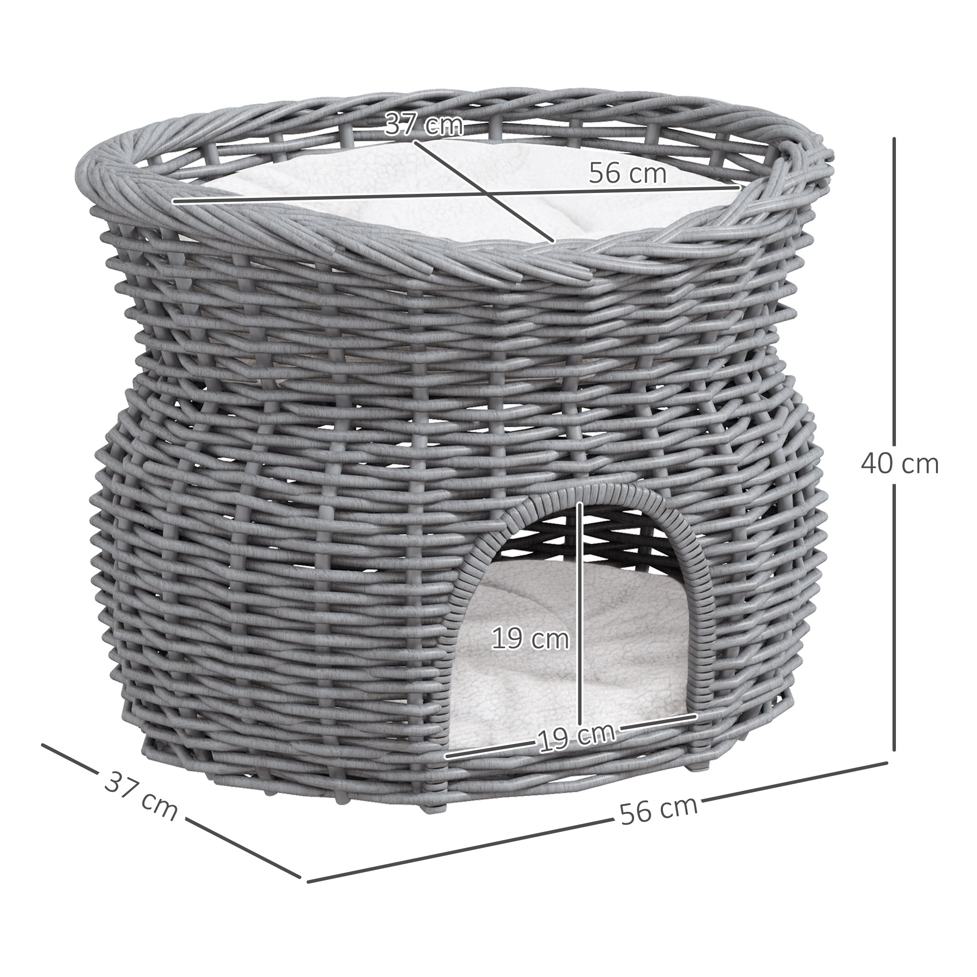 PawHut 2-Tier Wicker Cat House Elevated Pet Bed Basket Willow Kitten Tower Pet Den. With Washable Cushions 56x37x40cm Grey