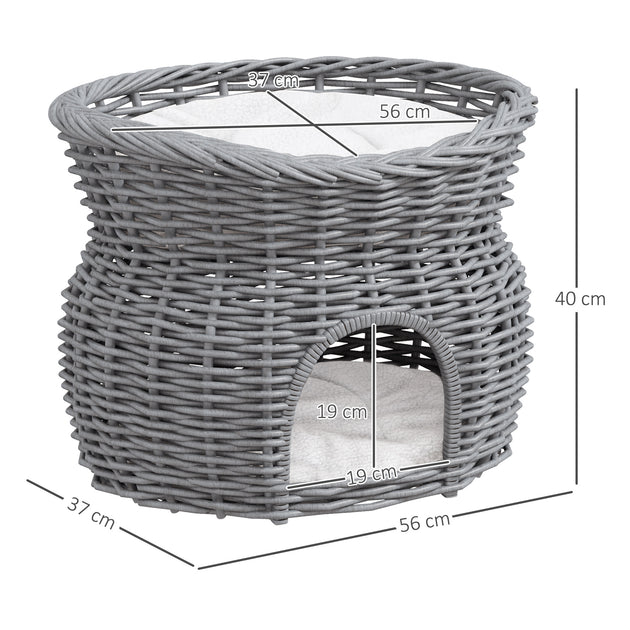 PawHut 2-Tier Wicker Cat House Elevated Pet Bed Basket Willow Kitten Tower Pet Den. With Washable Cushions 56x37x40cm Grey