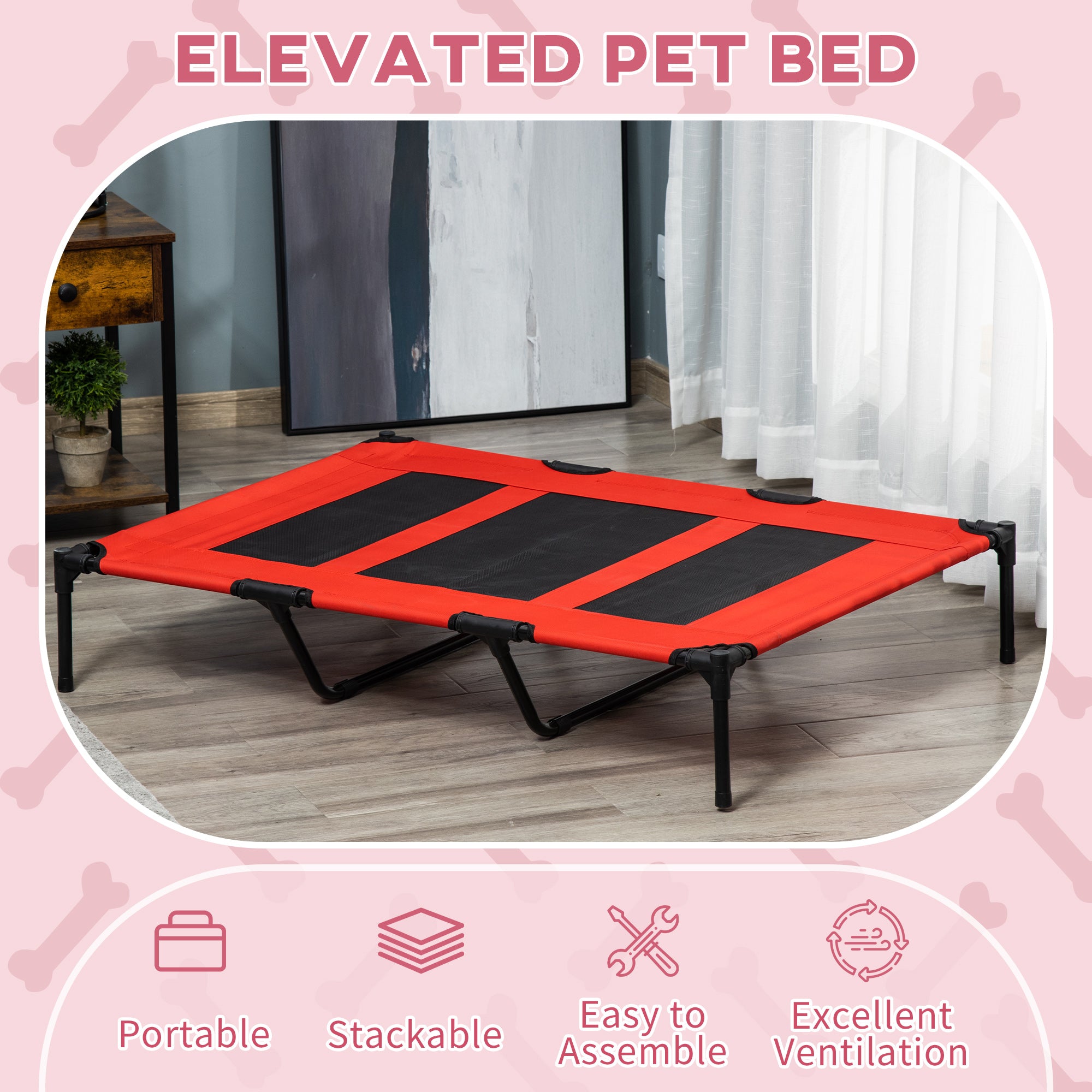 PawHut Raised Dog Bed Cooling Elevated Pet Cot With Breathable Mesh For Indoor Outdoor Use Red, XX Large, 122 X 92 X 23cm