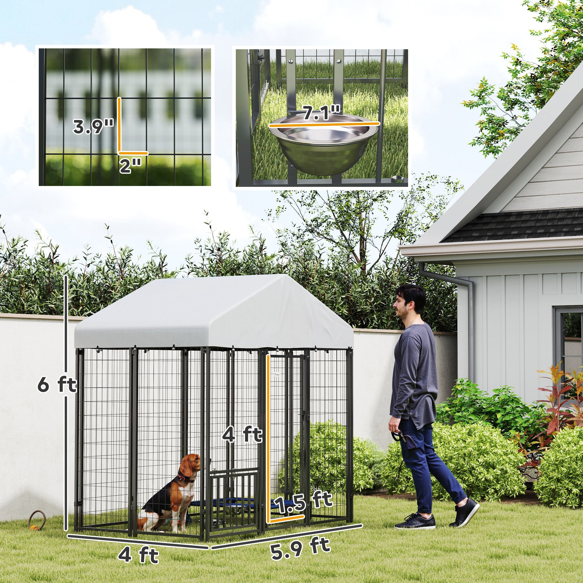 5.9' x 4' x 6' Outdoor Dog Kennel with Roof, Rotating & 4-Level Adjustable Bowls
