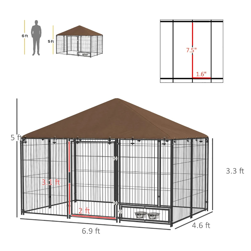 Outside Dog Kennel, 6.9' X 4.6' X 5' Puppy Play Pen With Canopy, Garden Playpen Fence Crate With Rotating Bowl, Black