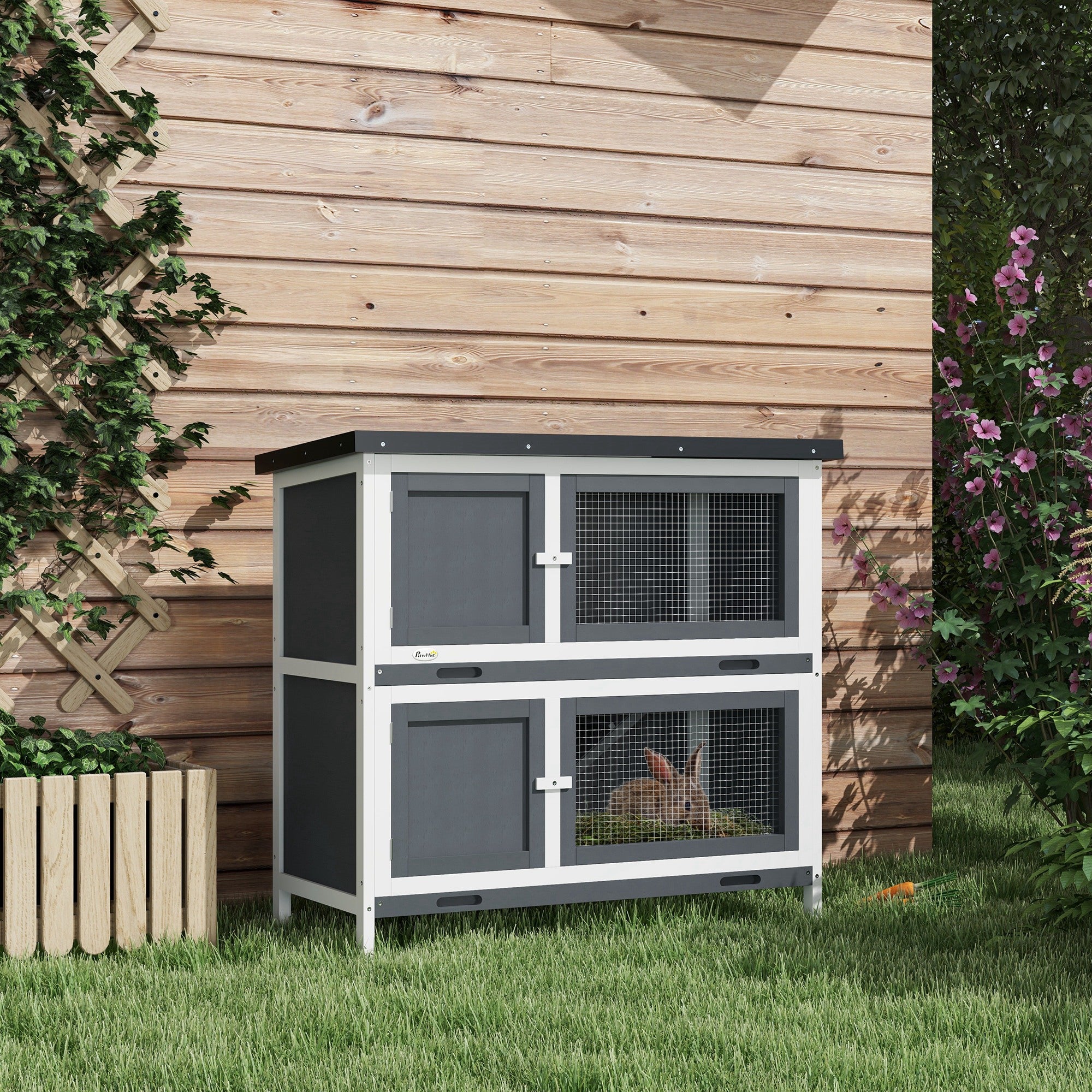 PawHut Double Decker Rabbit Hutch 2 Tier Guinea Pig House Pet Cage Outdoor With Sliding-out Tray, 100 X 47 X 91cm, Grey