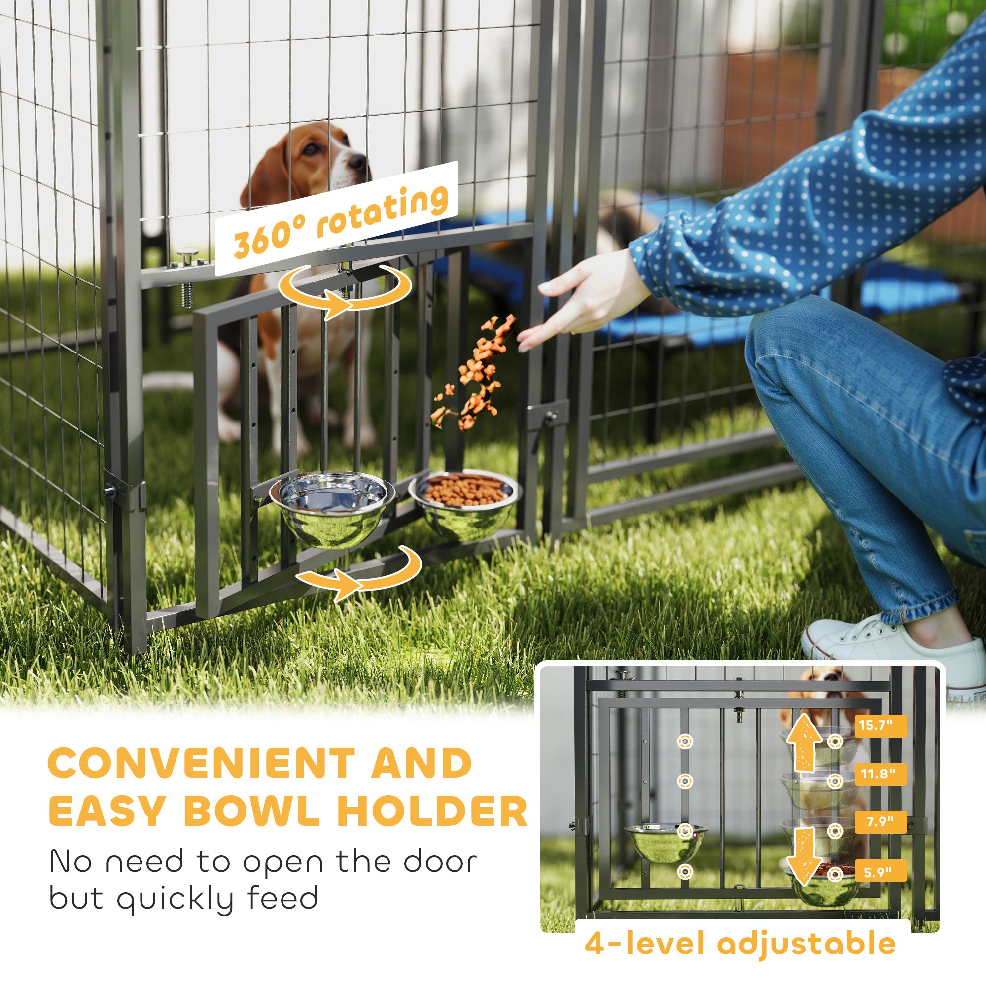 5.9' x 4' x 6' Outdoor Dog Kennel with Roof, Rotating & 4-Level Adjustable Bowls