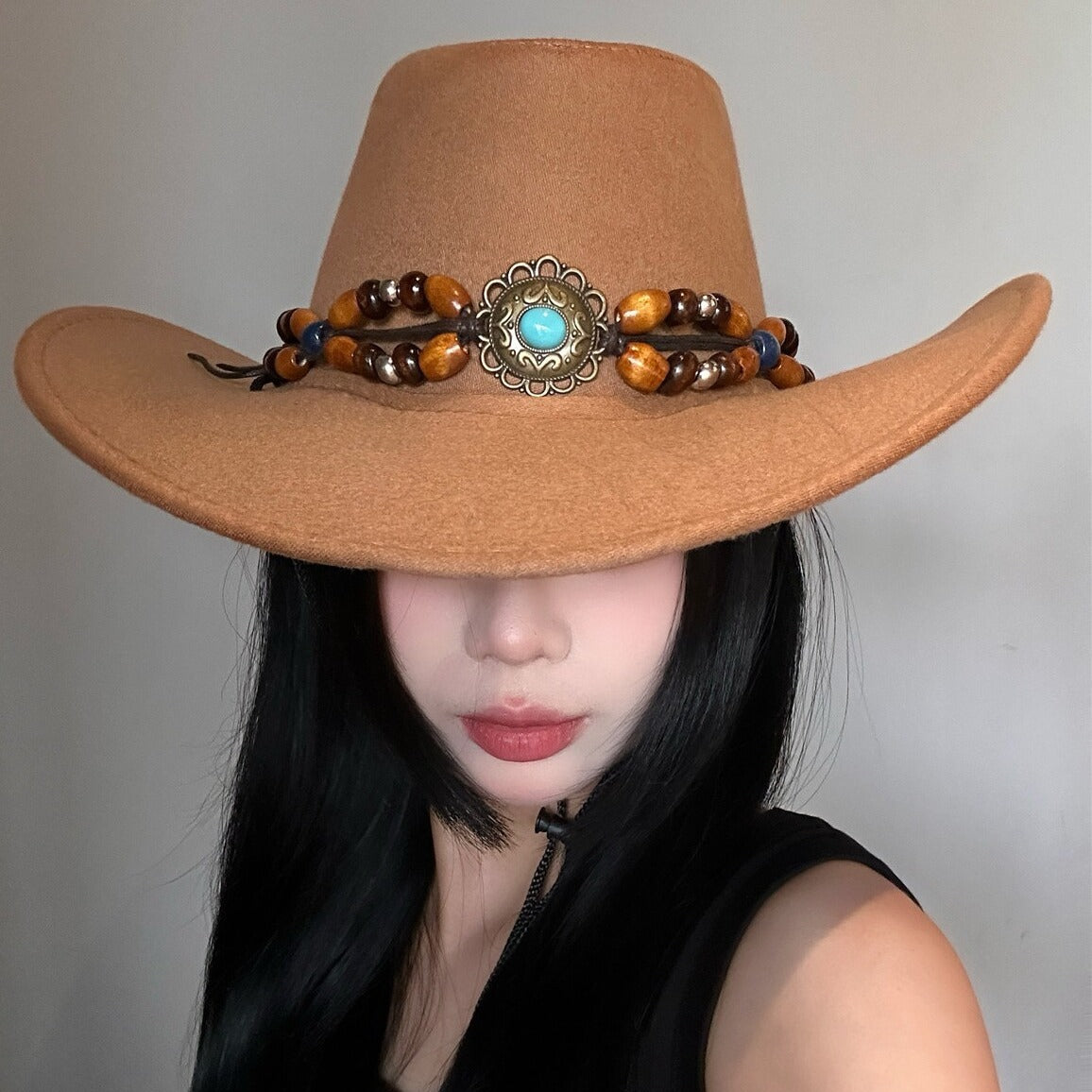 Turquoise Decorative Western Cowboy Hat Female Sun Hat With Wide Brim