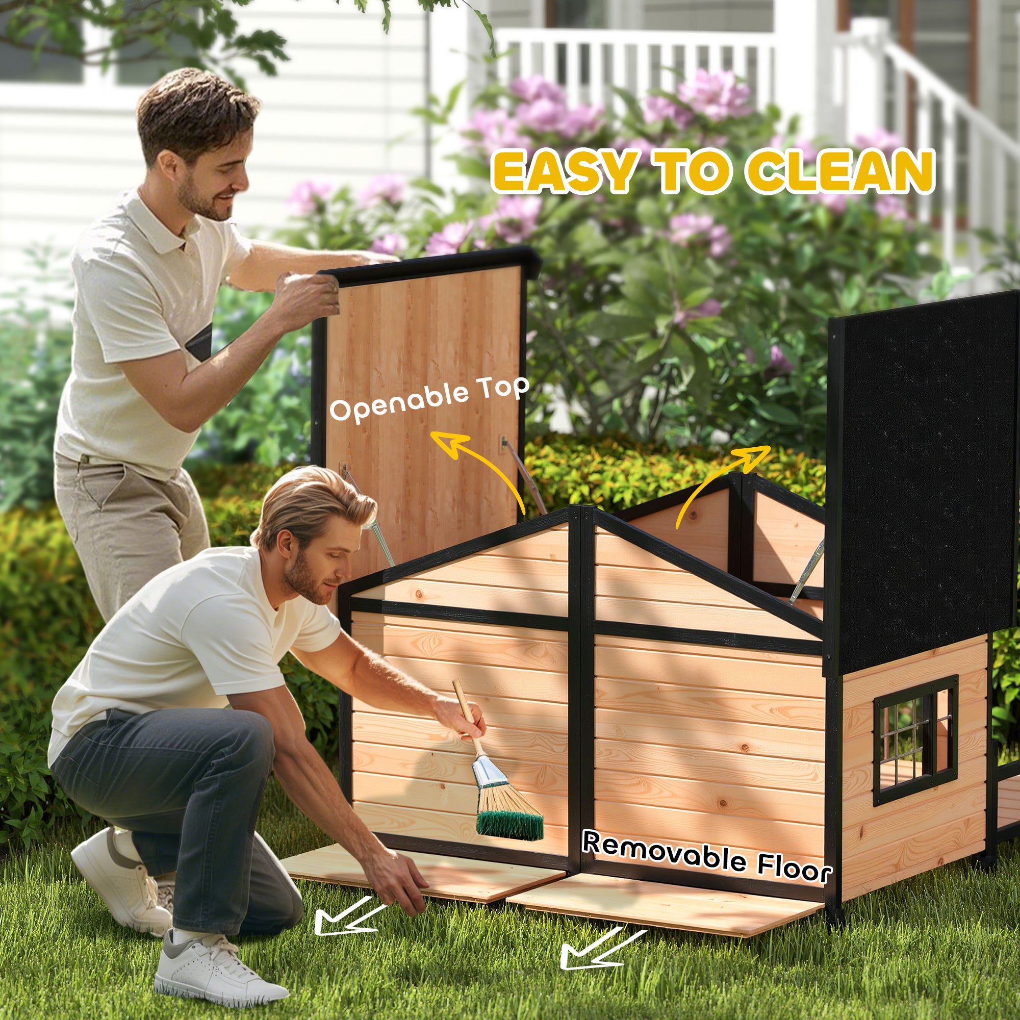 Dog House Outdoor, Wooden Dog Kennel Weatherproof with Porch, Openable Roof, Removable Bottom, Elevated Floor, Double Room for 2 Small to Medium Breeds, Natural