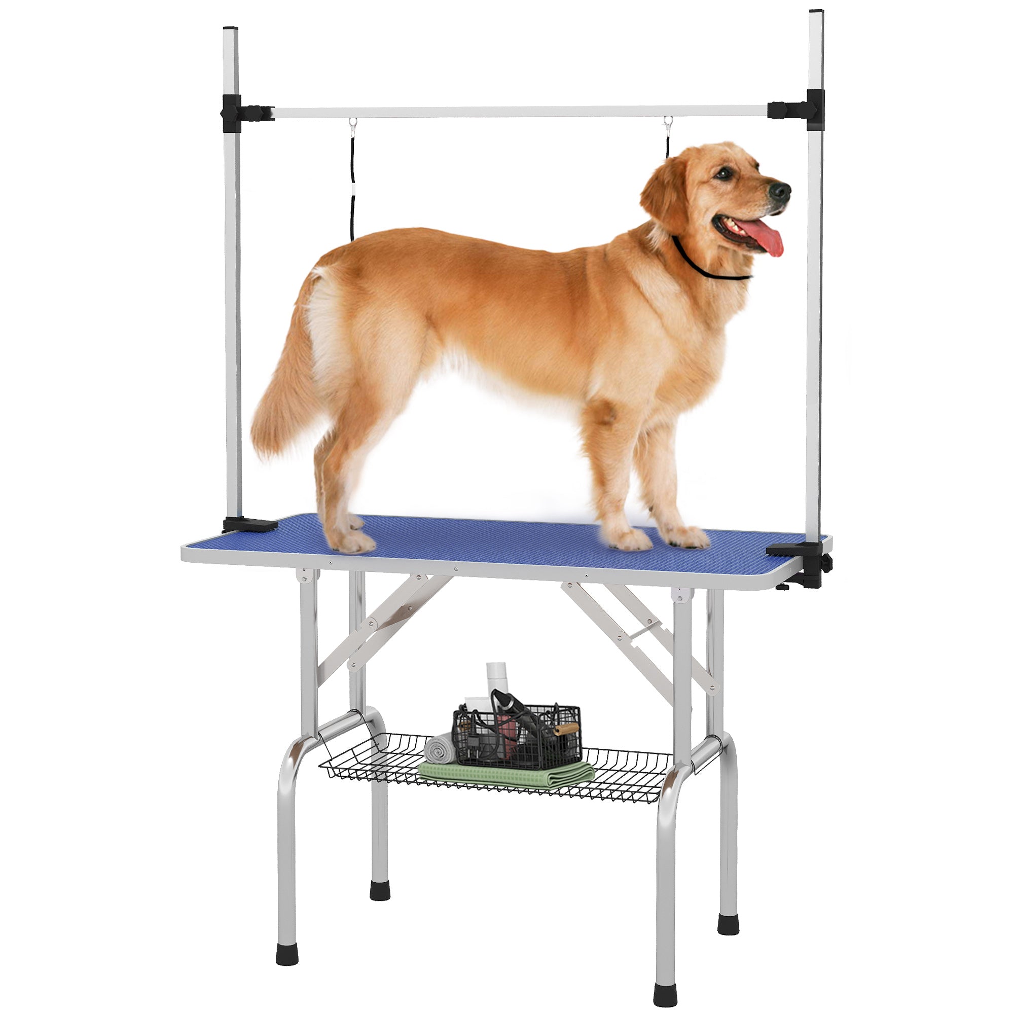 PawHut 42" Dog Grooming Table, Adjustable Pet Cat Drying Beauty Table With 2 Loops Storage Basket, Rubber Top, Blue