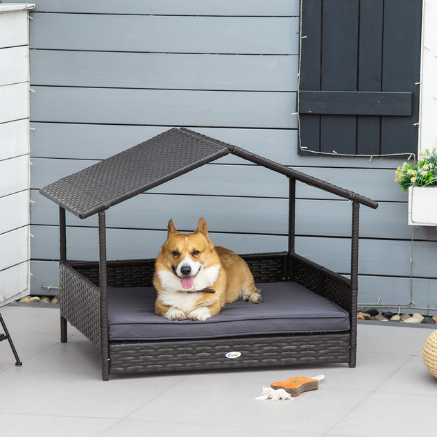 Wicker Dog House Outdoor with Canopy, Rattan Dog Bed with Water-resistant Cushion, Raised Pet Bed for Small, Medium Breeds up to 66 lbs, 20