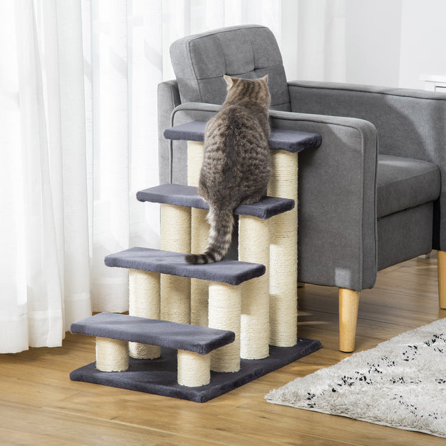 PawHut Dog Steps For Bed 4 Step Pet Stairs For Dog Cat Ladder Scratch Post Grey