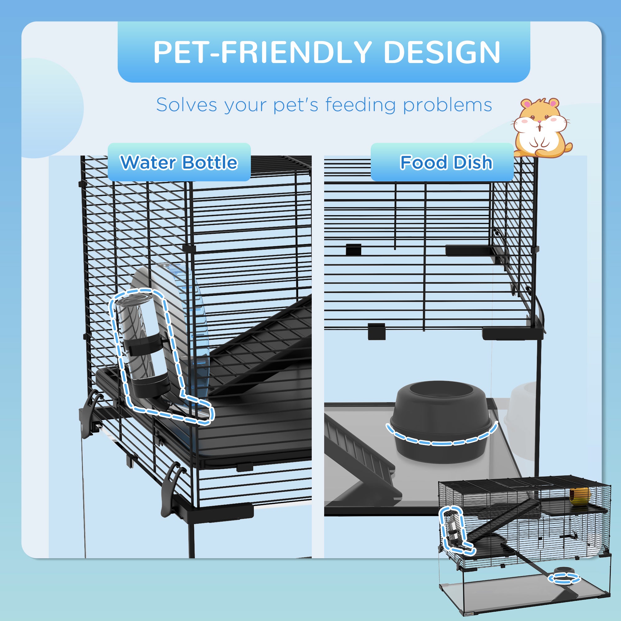 31" Hamster Cage, Gerbil Cage with Glass Basin for Small Hamsters, Black