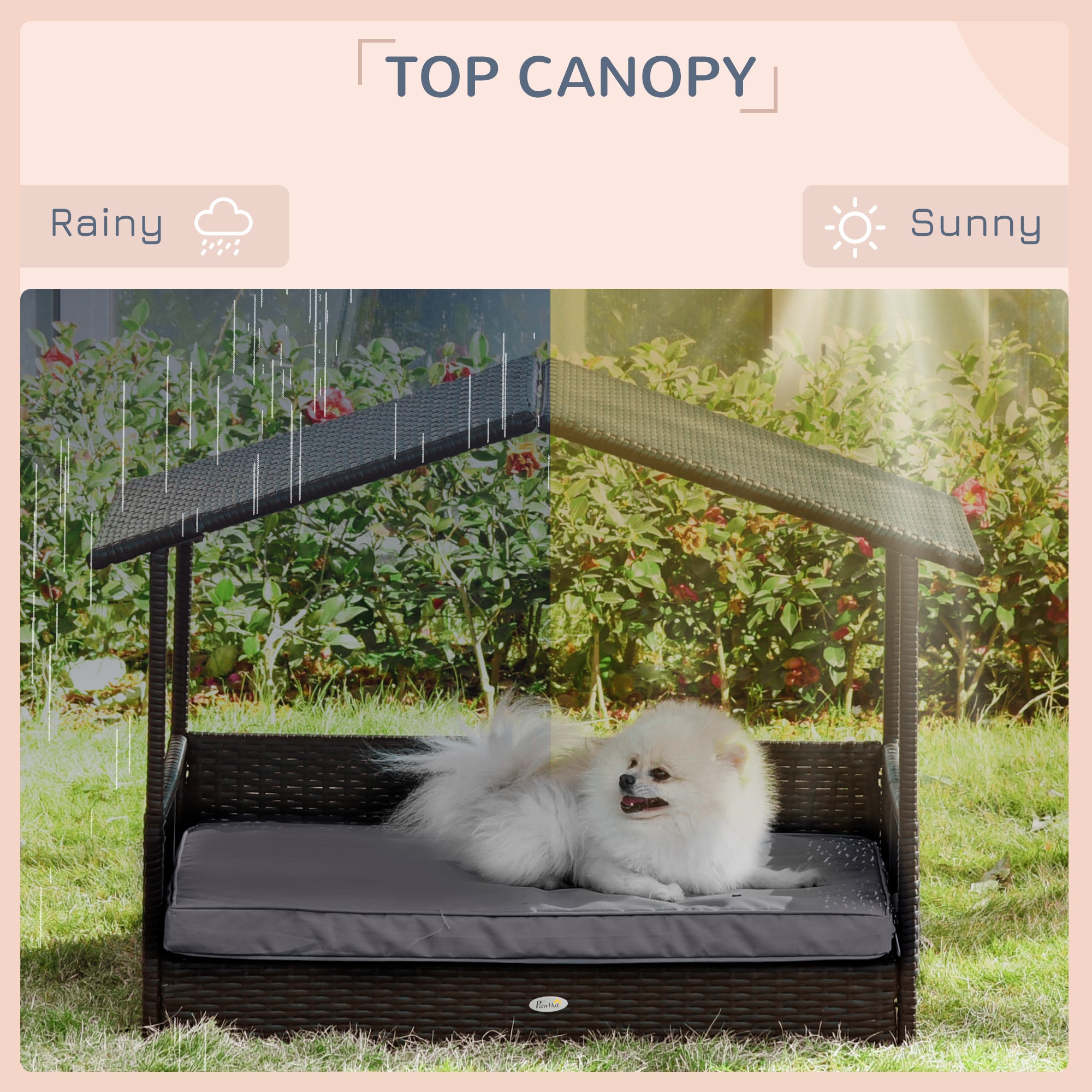 Wicker Dog House Outdoor with Canopy, Rattan Dog Bed with Water-resistant Cushion, Raised Pet Bed for Small, Medium Breeds up to 66 lbs, 20" in Length, Brown Wicker, Gray Cushion