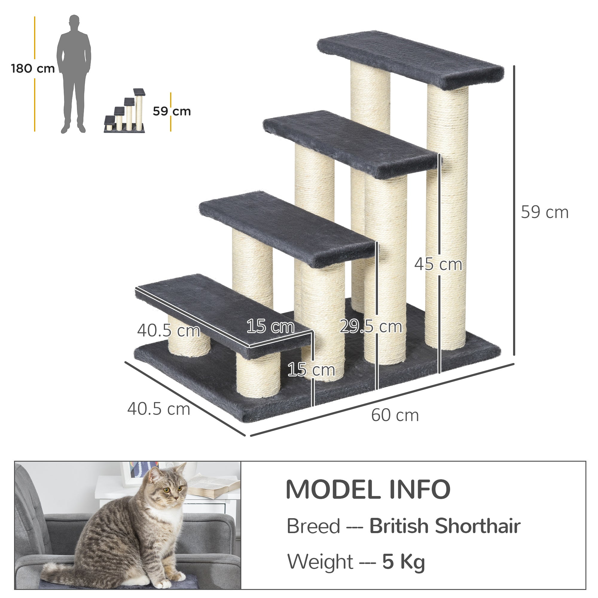 PawHut Dog Steps For Bed 4 Step Pet Stairs For Dog Cat Ladder Scratch Post Grey