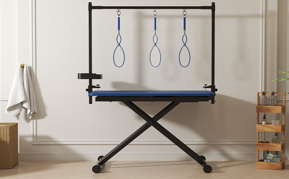 47  Blue Large Dog Grooming Table X-Lift Foldable Grooming Table For Dogs At Home Adjustable Height Arms Pet Station With Nooses, Tool Organizer