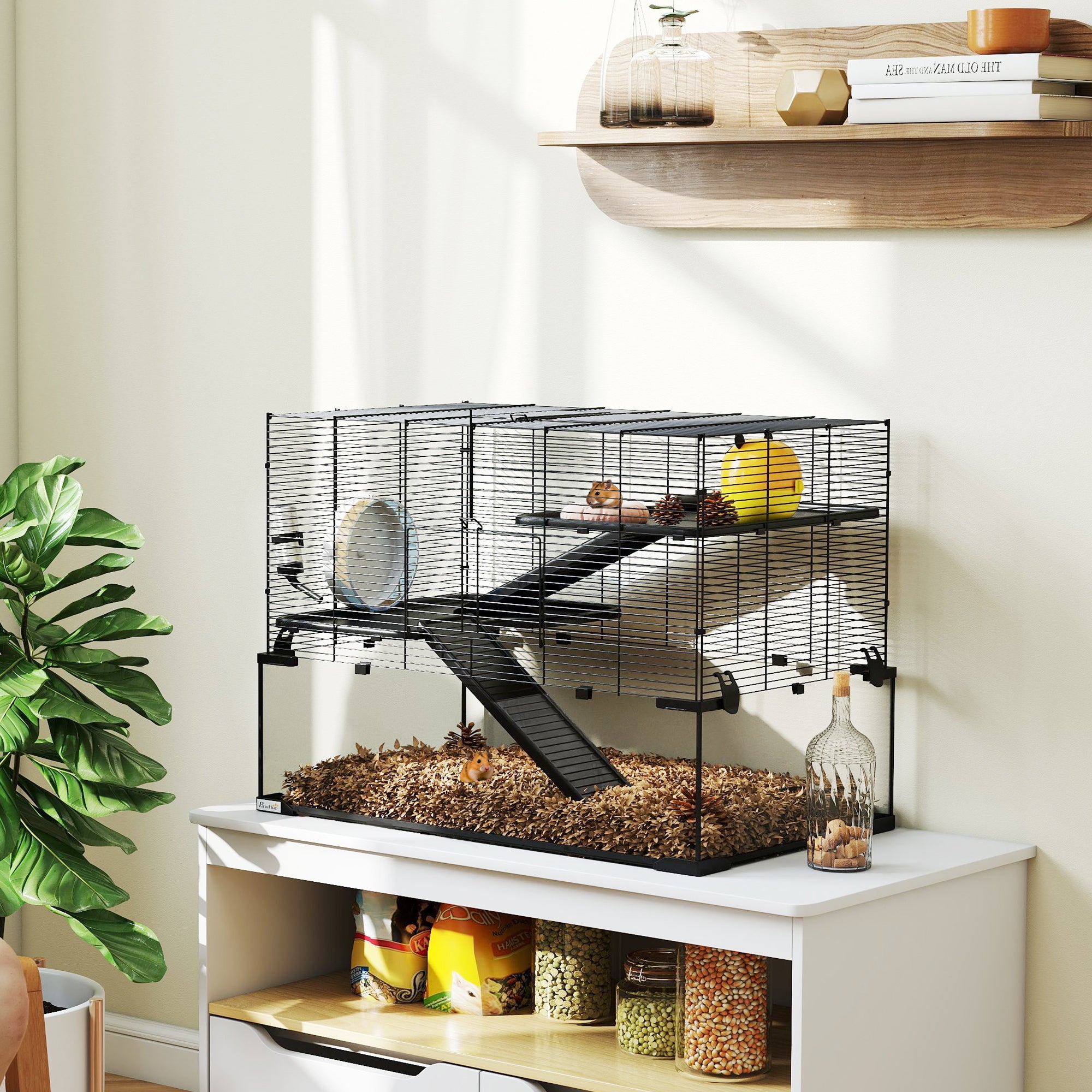 31" Hamster Cage, Gerbil Cage with Glass Basin for Small Hamsters, Black