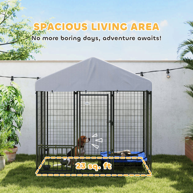 5.9' x 4' x 6' Outdoor Dog Kennel with Roof, Rotating & 4-Level Adjustable Bowls