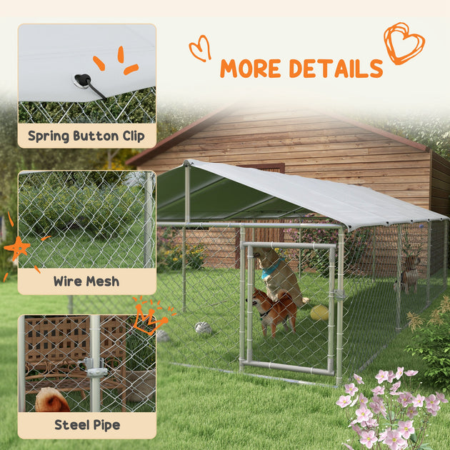 19.7' x 7.5' x 4.9' Outdoor Dog Kennel for Large-Sized Dogs with Waterproof UV Resistant Roof, Silver
