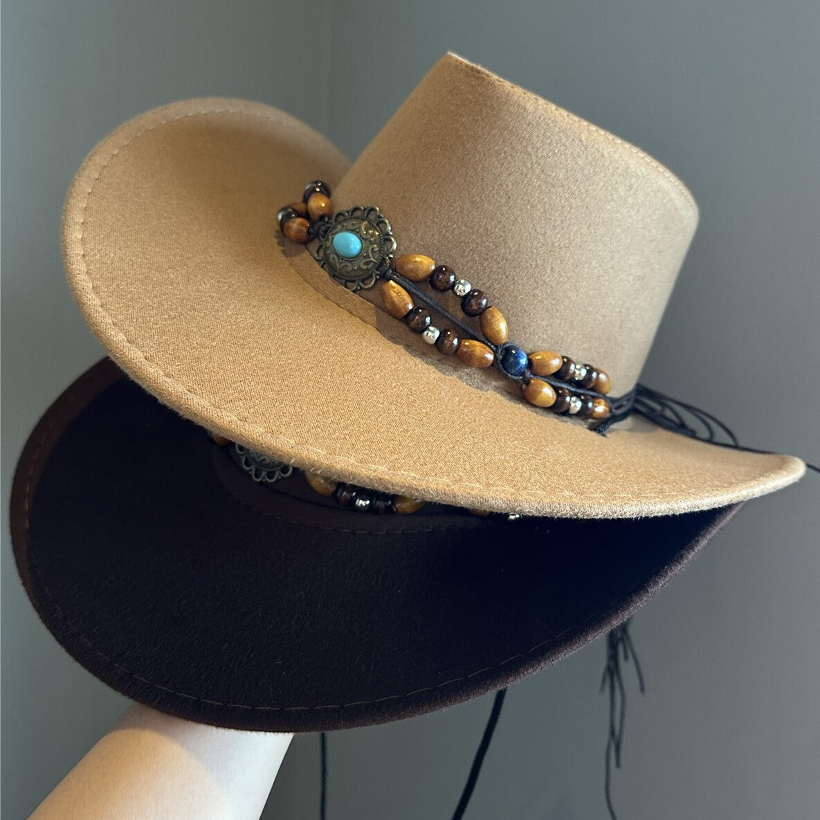 Turquoise Decorative Western Cowboy Hat Female Sun Hat With Wide Brim