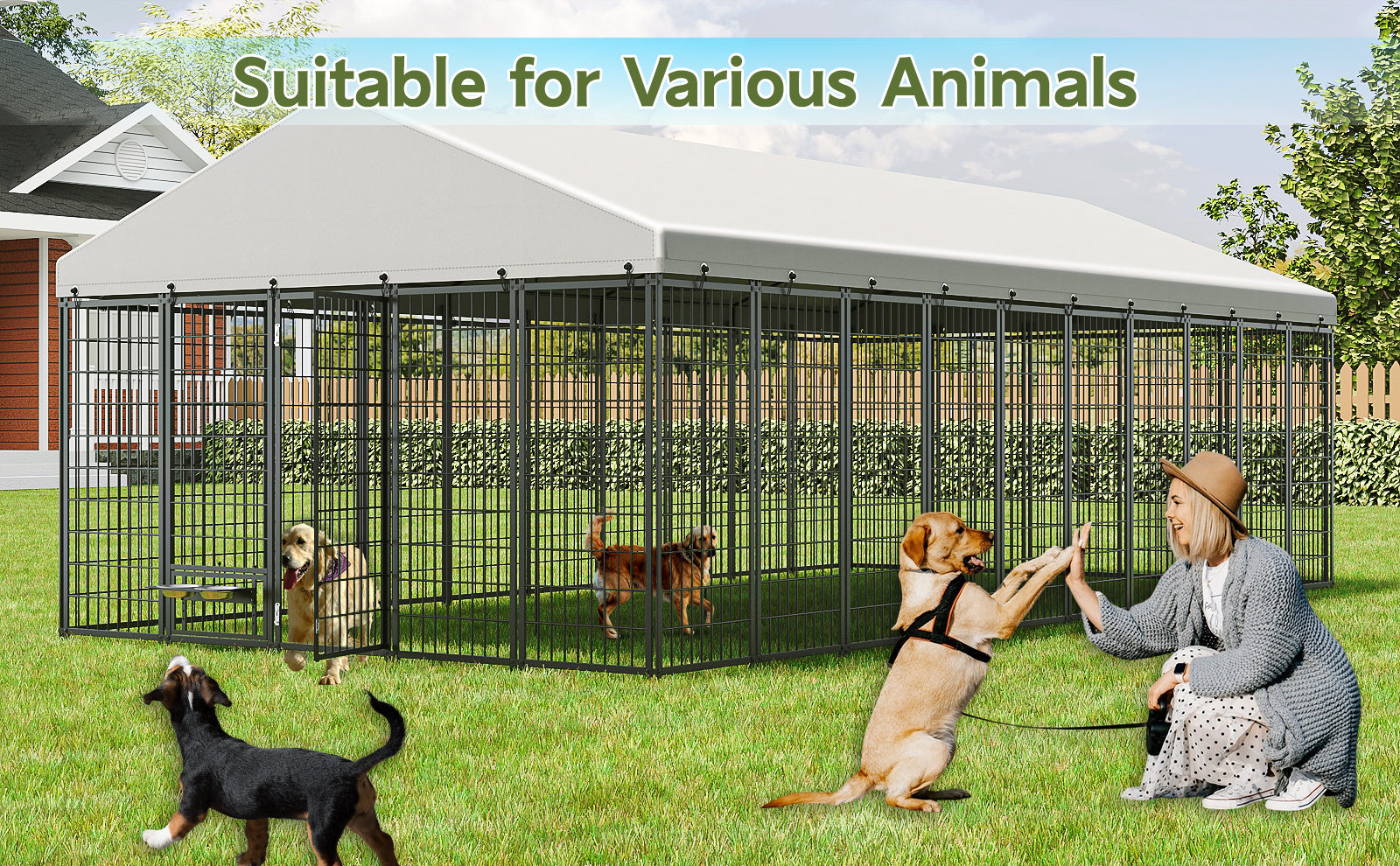 Large Dog Kennel Outdoor Pet Pens Dogs Run Enclosure Animal Hutch Metal Coop Fence With Roof Cover. 18.9  L X 9.61  W X 6.76 H.
