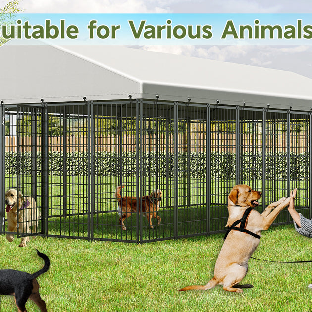 Large Dog Kennel Outdoor Pet Pens Dogs Run Enclosure Animal Hutch Metal Coop Fence With Roof Cover. 18.9  L X 9.61  W X 6.76 H.