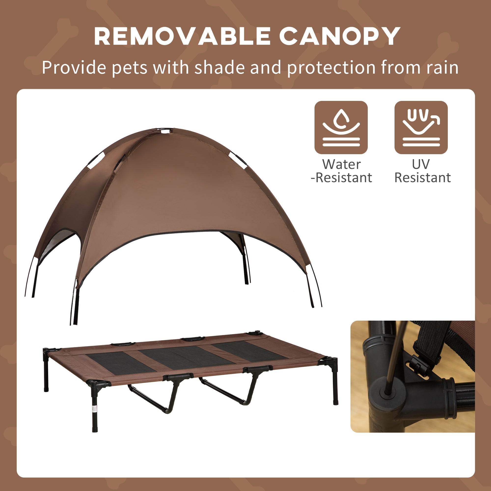 48" X 36" Elevated Portable Dog Cot Cooling Pet Bed With UV Protection Canopy Shade, Coffee