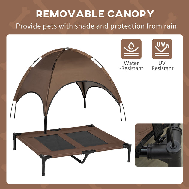 Elevated Portable Dog Cot Pet Bed With UV Protection Canopy Shade, 36 Inch, Coffee