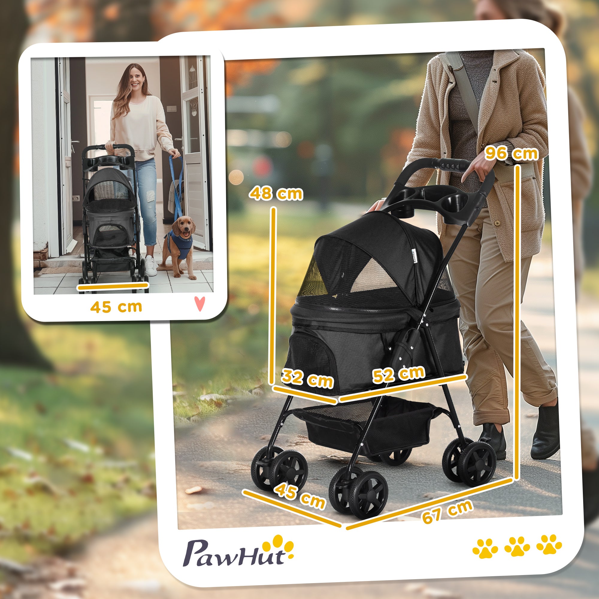 PawHut Dog Pram Dog Stroller Foldable Pet Pushchair With 4 Wheels, Safety Leashes, Cup Holder For Small Dogs, Black