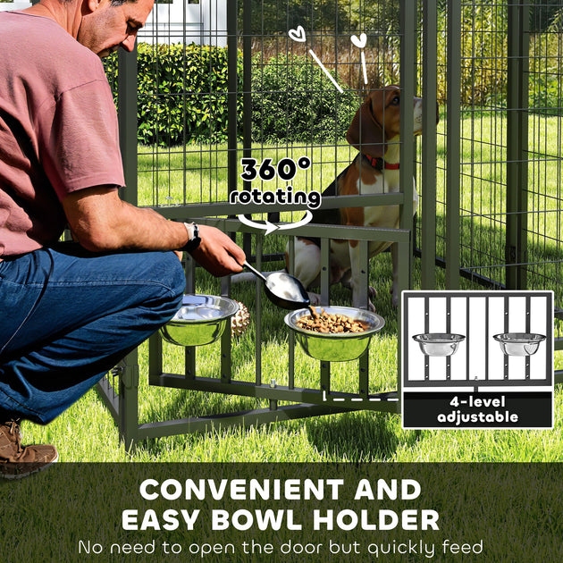 Welded Wire Outdoor Dog Kennel with 360° Rotating & 4 Levels Adjustable Bowls, Waterproof Cover, 3.9' x 3.9' x 6'
