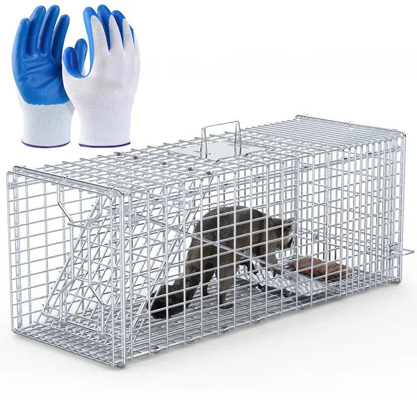 Live Animal Trap Cage 37x14x15in Folding Catch And Release Humane Cat Trap Galvanized Iron For Raccoons Foxes Coyotes Stray Dogs Armadillos Squirrels