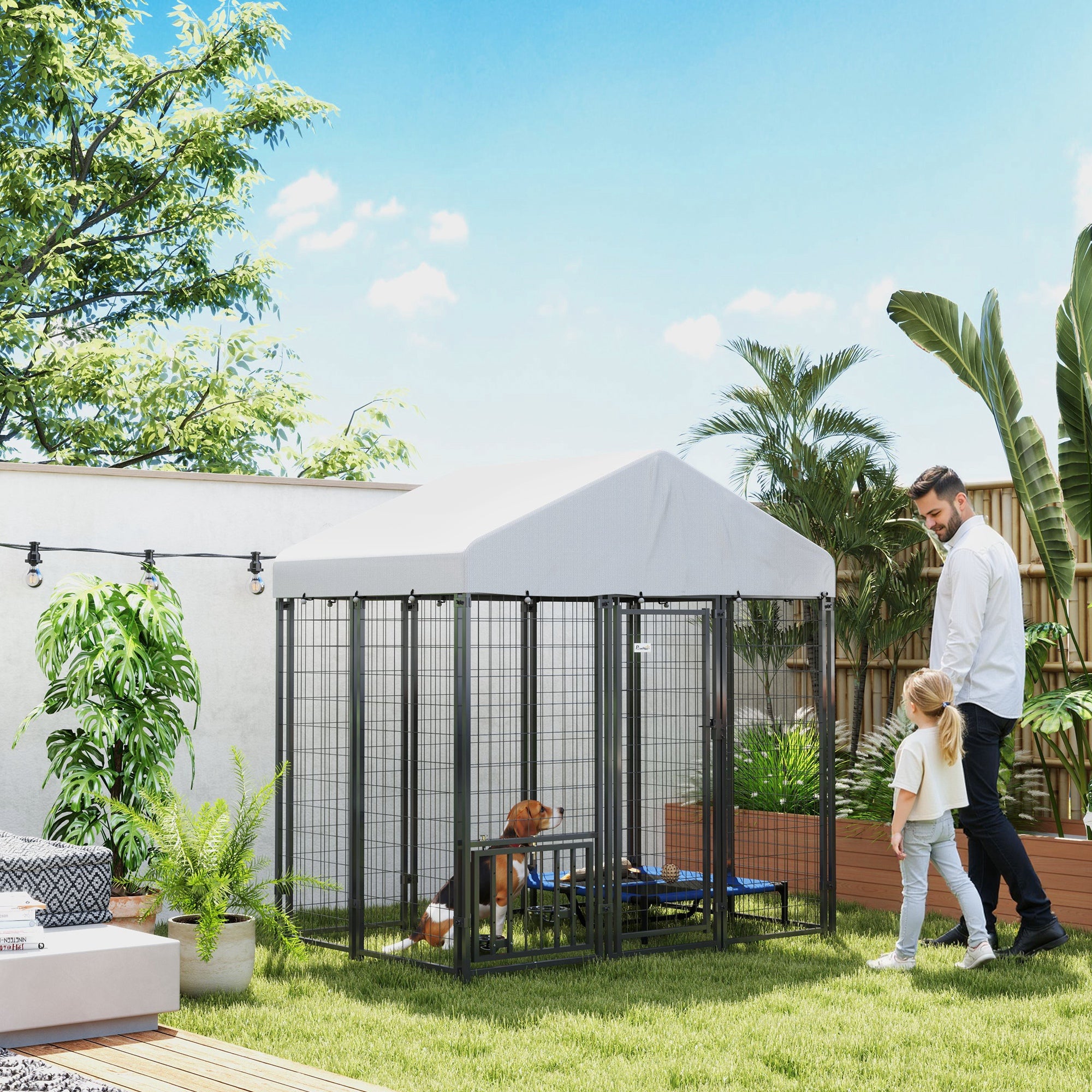 5.9' x 4' x 6' Outdoor Dog Kennel with Roof, Rotating & 4-Level Adjustable Bowls