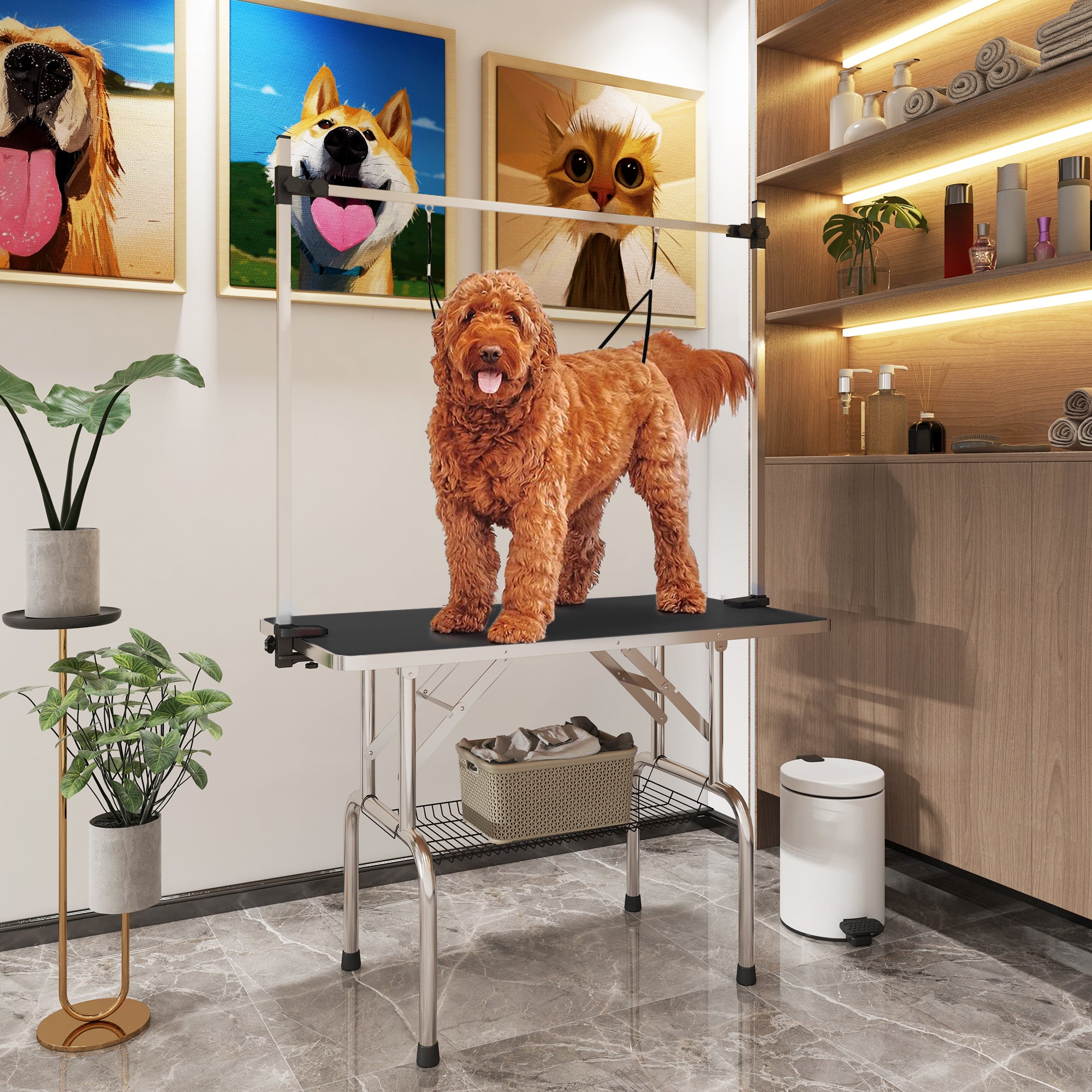 PawHut 42" Dog Grooming Table, Adjustable Pet Cat Drying Beauty Table With 2 Loops Storage Basket, Rubber Top, Black