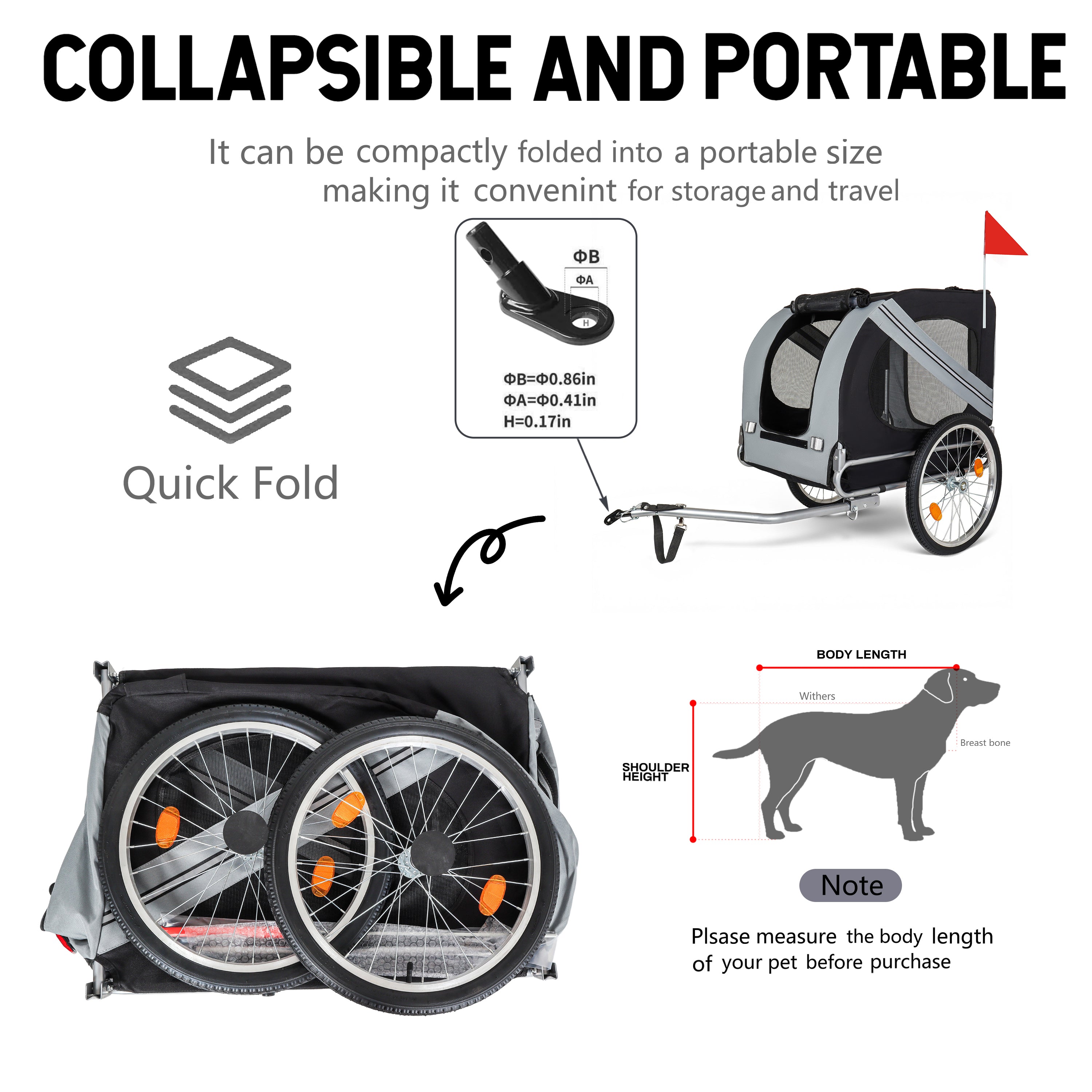 Large Folding Bike Trailer For Dogs - 100LB Capacity All-Terrain Pet Carrier, Durable Steel Frame For Cycling, Jogging, Camping & Outdoor Adventures, Black- Grey