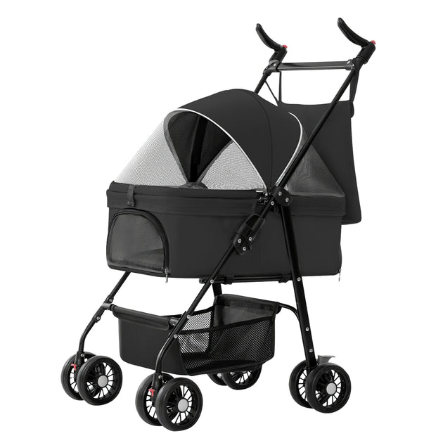 1Pc 4-Wheels Pet Stroller Foldable Carrier Strolling Cart Travel Jogger Pet Stroller With Removable Liner Storage Basket For Dog Cat