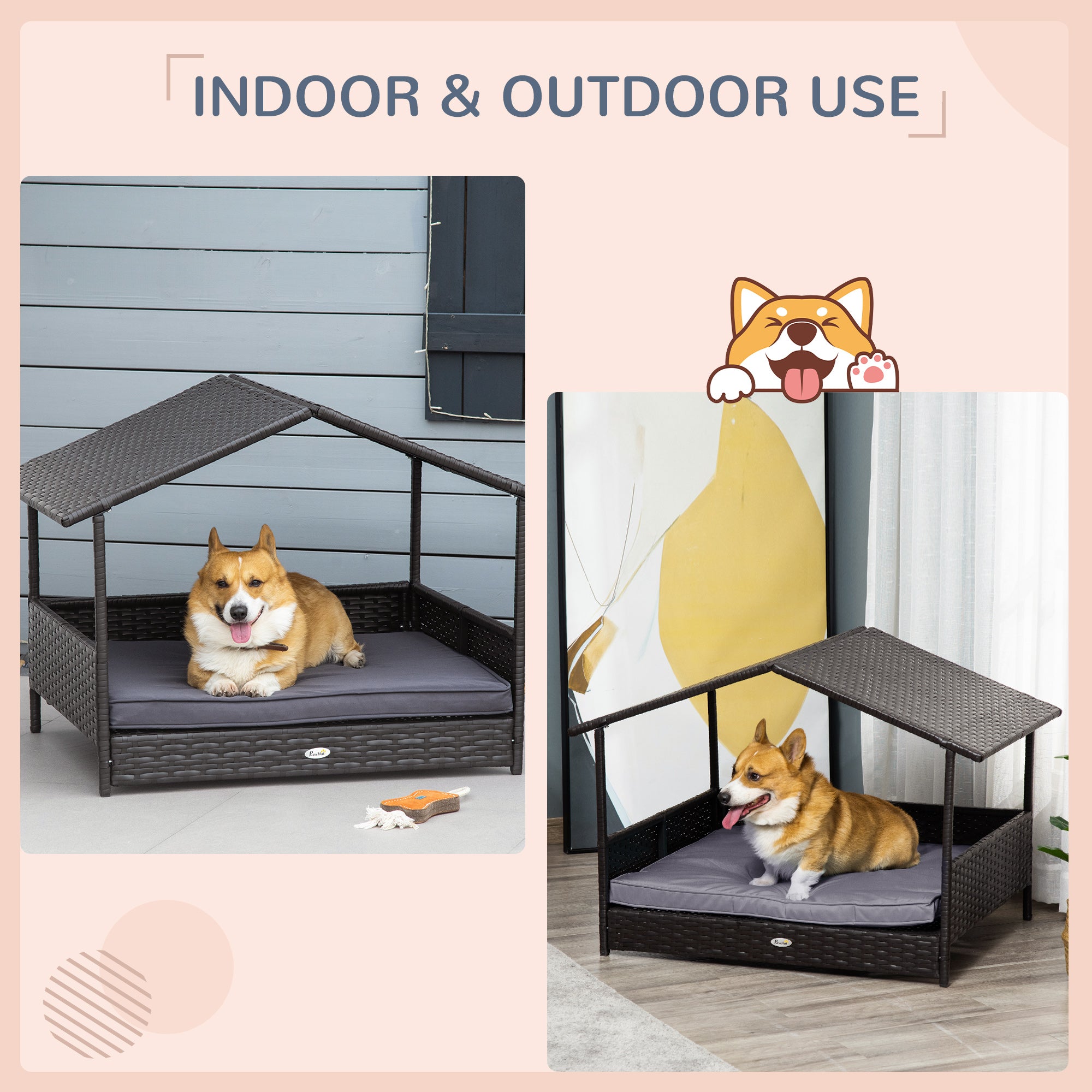 Wicker Dog House Outdoor with Canopy, Rattan Dog Bed with Water-resistant Cushion, Raised Pet Bed for Small, Medium Breeds up to 66 lbs, 20" in Length, Brown Wicker, Gray Cushion