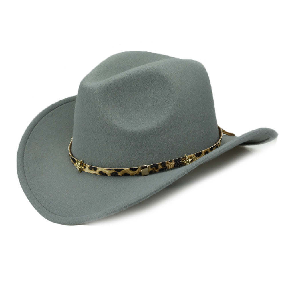 Leopard Print Five-pointed Star Belt Cowboy Hat Men's And Women's Autumn And Winter Woolen Fedora Hat Outdoor Knight Hat Western Cowboy Hat